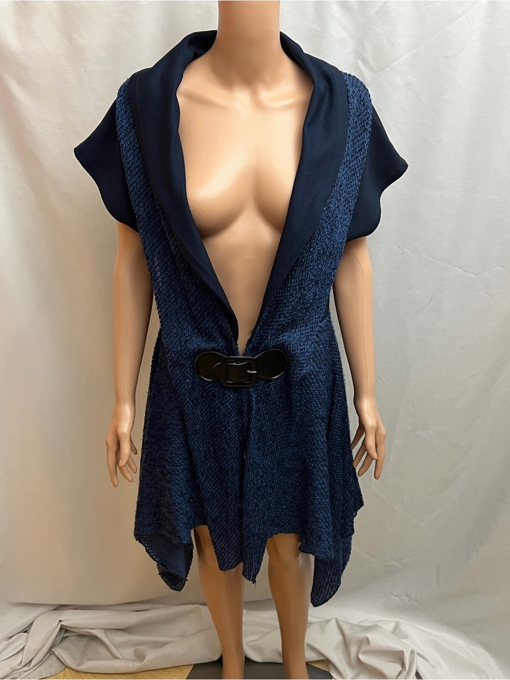 Nicole Sabbatini Blue Textured Buckle Cardigan Sweater Vest Medium Boho Duster